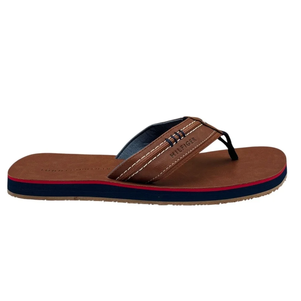 Tommy Hilfiger Mens Destino Thong Sandal‎ Size 9 Brown Faux Leather Flexible